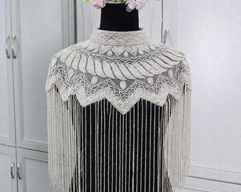 Zubina Perlen Fransen Umhang Schal Handmade Perlen Verziert Abend Wrap Antike weiße Perlen Braut Cape Hochzeit Abend Cover-Up Shrug USA