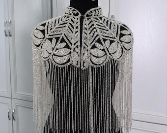 Anita Perlen Fransen Cape Schal Handgemacht Silber Verziert Abend Wrap Antike graue Perlen Braut Cape Hochzeit Abend Cover-Up Shrug USA