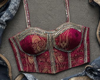 Nitisha rosa Jacquard Spiegelarbeit Bustier Top Ärmellos v-Ausschnitt Korsett Bluse Brokat Seidenkorsett Bluse Seidenkorsett Luxus Brokat Bustier