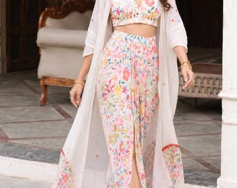 Zubina white Dhoti Drape Set with Floral Cape Indo Western Bridesmaid Outfit drapped skirt crop top jacket blouse indian dhoti lehenga USA