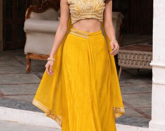 Khair silk yellow indo western set Embroidered Shrug & Choli French Crepe Dhoti Set Chinnon Silk Lehenga Set indian wedding wear