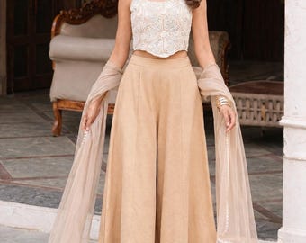 Zubina weiß beige Cocktail Brautjungfer Kleidung indischer Coord Set bestickte Spitze & weites Bein Palazzo Festliche Hochzeitskleidung Indo Western-Outfit