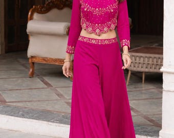 Nitisha pink Festliche Indo Western Outfit Indische festliche Partykleidung Indo Western Fusion Outfit Floral Crop Top Palazzo Set Brautjungfer Outfit