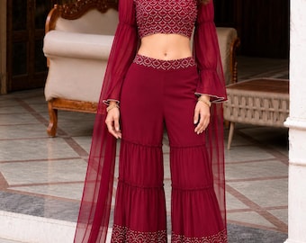 Mustaffa maroon Bestickt Sharara Set Crop top mit Palazzo Indo Western-Outfit Pailletten Coord Set Indische Festliche Kleidung