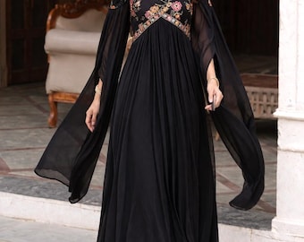 Alveera weg von der Schulter Ballkleid Langarm Tüll Abendkleid-elegantes formelles Maxi-Kleid Indo Western Abendkleid Abendkleid Pailletten-Brautkleid USA