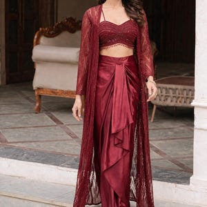Mustaffa maroon red Bollywood style outfit Indo western drape lehanga skirt with cape jacket Festive Ethnic Wear shrug with top and dhoti UK