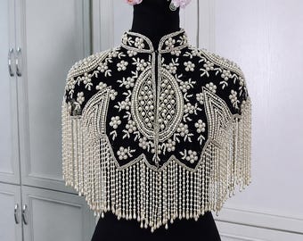 Alveera Beaded fringe Cape Shawl Handmade pearl Embellished Evening Wrap Antique black Beaded Bridal Cape Wedding Evening Cover-Up Shrug USA