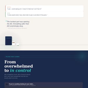 May include: A graphic with the text "From overwhelmed to in control." The image includes a dark blue planner, a small white box, and a small green box. The text also includes the phrase "The Debt Panic Planner."
