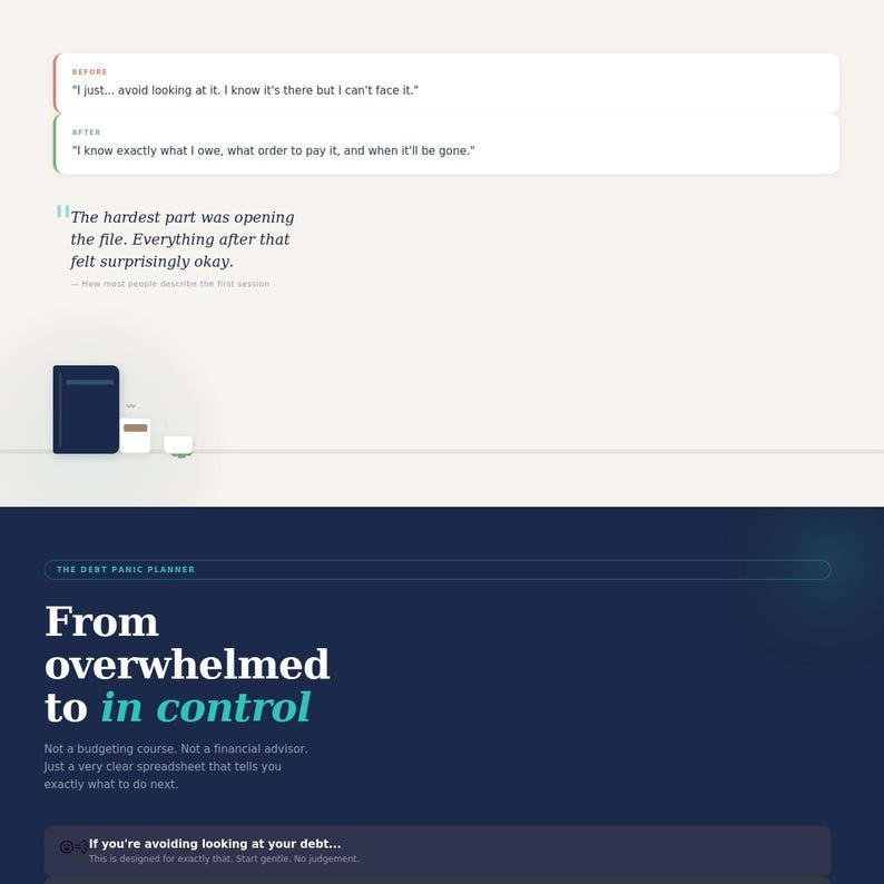 May include: A graphic with the text "From overwhelmed to in control." The image includes a dark blue planner, a small white box, and a small green box. The text also includes the phrase "The Debt Panic Planner."