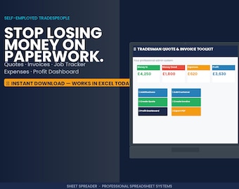 Tradesman Invoice & Quote Template Excel | Builder Invoice Spreadsheet | Self Employed Contractor Admin Toolkit UK