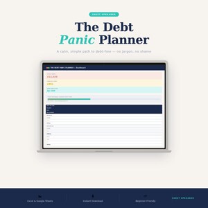 May include: A laptop screen shows "The Debt Panic Planner" dashboard. The screen displays financial data, including a balance of &pound;12,020. The design is clean with a calming colour palette, and the text "A calm, simple path to debt-free - no jargon, no shame."