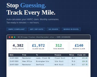 UK HMRC Mileage Tracker Excel | Self Employed Business Log (Digital Download)