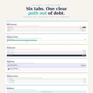 May include: A debt planner with six tabs, featuring the text "Six tabs. One clear path out of debt." The planner includes sections for debt overview, progress tracking, monthly plan, payoff plan, payment tracker, and dashboard.