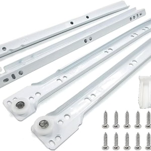 May include: White drawer slides with rollers, mounting brackets, and screws. The set includes four metal drawer slides, two plastic brackets, and twelve screws. The drawer slides are designed for smooth operation and easy installation.