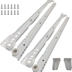 May include: A set of white drawer slides with roller bearings, along with screws and mounting brackets. The slides are made of metal and designed for smooth drawer operation. The hardware is new and ready for installation.
