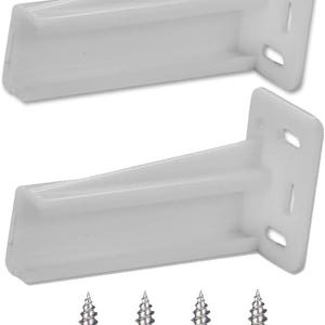 May include: Two white plastic drawer slides with mounting hardware. The slides are angled and have a rectangular mounting plate with screw holes. Four silver screws are included.