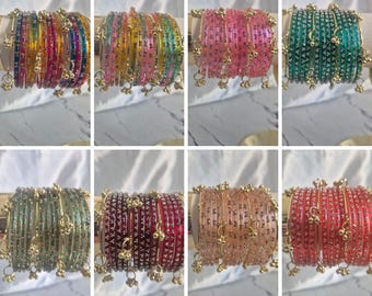 Kashmiri Raindrop Glass Bangles Set with Gold Ghungroo | Colourful Churiyaan | Desi Indian Pakistani Jewellery | Bridal & Party Bangles UK