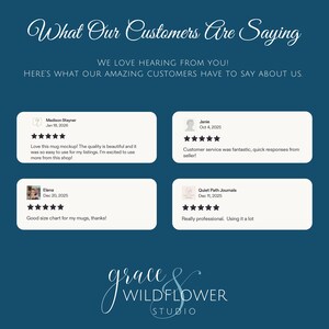 May include: A navy blue graphic with white text that reads "What Our Customers Are Saying." Below are customer reviews with 5-star ratings. The Grace & Wildflower Studio logo is at the bottom.