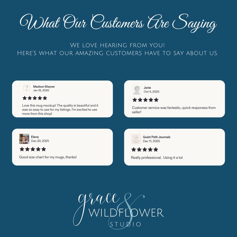 May include: A navy blue graphic with white text that reads "What Our Customers Are Saying." Below are customer reviews with 5-star ratings. The Grace & Wildflower Studio logo is at the bottom.