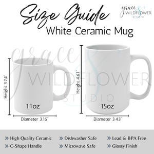 Tabla de tallas de tazas de café blancas Descarga digital Guía de tallas de tazas de cerámica blancas de 11 oz y 15 oz Comparación de tallas Guía de tallas para POD Printify Genérico