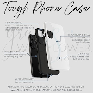 May include: A layered phone case with a black phone inside. The case features a silicone lining, a polycarbonate shell, and supports wireless charging. The text on the image says "Tough Phone Case". Available in glossy or matte finish.