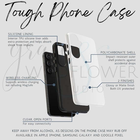 Tough Phone Case Information Guide Product Details Case Chart Digital Download Phone Template Etsy Seller Info Card Printify WOYC POD mockup