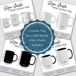 Könnte beinhalten: Ein Größenleitfaden-Bundle für Keramikbecher mit vier Diagrammen. Die Diagramme zeigen weiße, schwarze und Akzent-Kaffeebecher in verschiedenen Größen, darunter 11oz, 15oz und 20oz. Die Maße sind in Zentimetern angegeben.