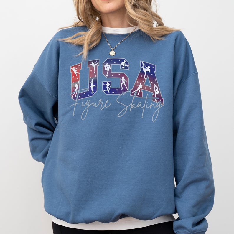 Indigo blue USA Figure Skating sweatshirt with varsity style patriotic skater silhouettes, winter competition crewneck, skating lover gift, team USA fan shirt.