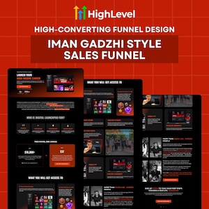 Puede incluir: Un diseño de embudo de ventas de marketing digital con el logotipo de HighLevel, titulado High-Converting Funnel Design Iman Gadzhi Style Sales Funnel. El diseño muestra páginas web negras con acentos rojos, secciones de texto y módulos.