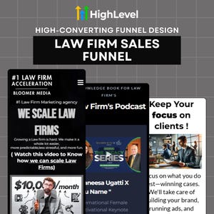 Puede incluir: Un gráfico de marketing digital para un embudo de ventas de bufetes de abogados con el logotipo de HighLevel, encabezados de texto que incluyen #1 Law Firm Acceleration y tres maquetas de pantallas móviles con contenido.