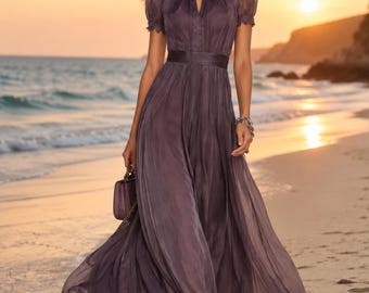 Boho Lace Maxi Dress: Elegant O Neck Short Sleeve Flowy Summer Party Dress