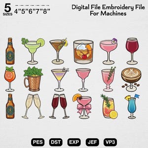 May include: Digital embroidery file featuring various cocktail and beverage designs. Includes a margarita, martini, old fashioned, and more. Available in 5 sizes: 4", 5", 6", 7", and 8". Formats include PES, DST, EXP, JEF, and VP3.