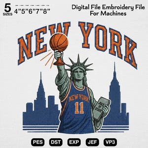 New York basketbal borduurontwerp, Statue Of Liberty trofee bestand, grappig blauw oranje jersey patroon, mens Sports City Machine Art cadeau