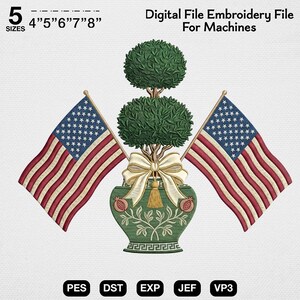 Ricamo di lusso con urna verde imperiale e topiary, file da giardino patriottico con melograno, motivo bandiera del 250° anniversario, arte in stile tenuta