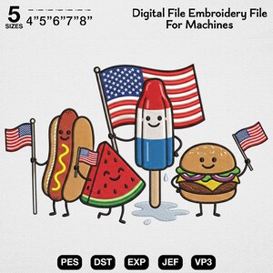 4th of July Food Embroidery Design, Funny Patriotic Rocket Popsicle File, Cute Hotdog Hamburger Pattern, Summer BBQ Machine Embroidery Art