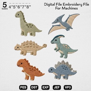 Pacchetto di disegni per ricamo di dinosauri, file di un simpatico T-Rex Stegosauro in stile Chibi, motivo di dinosauri per la cameretta di un bambino in stile boho, abbigliamento estivo per bambini con ricamo a macchina.