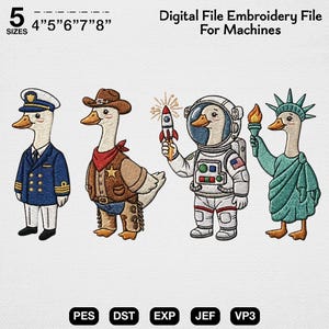 Puede incluir: Archivo de bordado digital con cinco diseños de gansos. Los gansos están vestidos como capitán, vaquero, astronauta y Estatua de la Libertad. Los tamaños de archivo son 10.16cm, 12.7cm, 15.24cm, 17.78cm y 20.32cm.