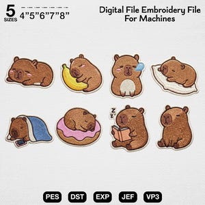 Paquete de diseños de bordado de capibara adorable, archivo de animal de donut de té de burbujas dormilón, patrón de parche de capibara perezoso y caprichoso, ropa infantil de arte a máquina