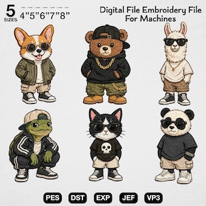 Cool Hiphop Animals Embroidery Design Bundle, Cute Streetwear Bear Corgi Cat File, Badass Panda Turtle Pattern, Kids Machine Art Apparel