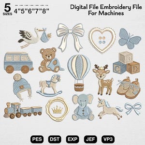 May include: Digital embroidery file with various baby-themed designs, including a stork, teddy bear, hot air balloon, and baby shoes. The designs are in shades of blue, tan, and white. The file is available in 5 sizes, from 4" to 8".