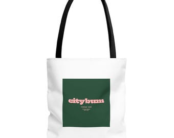 Citybum Green Square Tote Bag | Retro Pink Logo Canvas Tote