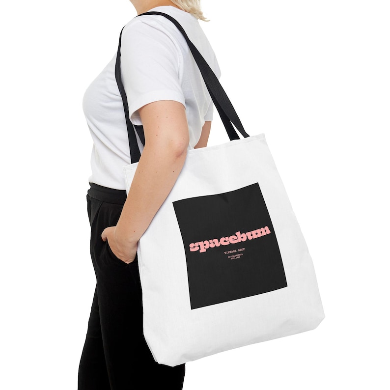 Bolsa tote quadrada preta Spacebum Galactic | Bolsa tote de lona com logo rosa retrô imagem 20