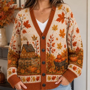 Puede incluir: Un cárdigan beige con cuello en V que presenta un estampado otoñal con hojas de arce naranjas y rojas, una pequeña cabaña y una carretilla llena de calabazas. La prenda tiene una tapeta de botones, puños y dobladillo de color óxido.
