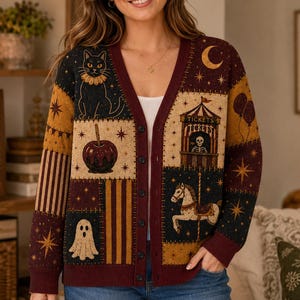 May include: A long-sleeve button-down cardigan featuring a patchwork design with Halloween-themed illustrations including a black cat, a candy apple, a ghost, a skeleton in a ticket booth, a carousel horse, stars, and a crescent moon in dark colors.