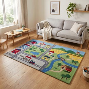 May include: A colorful children's rug featuring a town and countryside design. The rug includes roads, buildings, a train, a park, a river, and a farm. The rug is rectangular and made of soft material.
