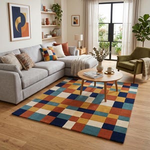 A Colorful Carpet For The Modern Living Room, A Rectangular Handmade Rug With Geometric Decor And Funky Multicolor Pattern