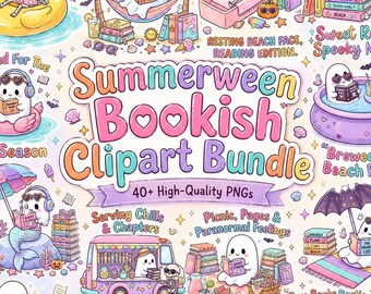 Summerween Bookish Clipart Bundle PNG, Ghost Reading Clipart, Spooky Summer PNG, Book Lover Graphics, Cute Halloween