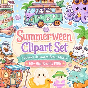 May include: A digital clipart set titled Summerween Clipart Set featuring pastel-colored illustrations of ghosts, a pumpkin camper, a van with surfboards, an octopus, and a dolphin, all decorated with Halloween and beach-themed elements.