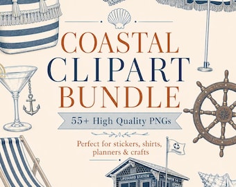 Coastal Clipart Bundle PNG, Beach Nautical Clipart, Coastal Decor Elements, Summer Ocean PNG, Commercial Use Download
