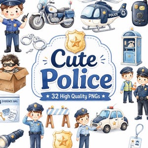 Puede incluir: Una colección de ilustraciones estilo acuarela que incluye policías, una motocicleta, un helicóptero, un coche patrulla, esposas, una linterna, una cabina de policía, una caja de cartón con una persona e insignias con el texto Cute Police 32 High Quality PNGs.
